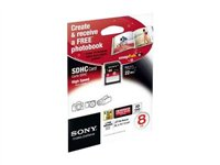 Sony - Flash-minneskort - 8 GB - Class 10 - SDHC - med Photobook - för Handycam DCR-SR15, SX15, SX45, SX65, SX85, HDR-PJ50, NEX-VG10, VG20; a SLT-A77; a NEX 5ND SF8NX-PHOTOBOOK