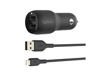 Belkin BoostCharge Dual Charger - Strömadapter för bil - 24 Watt - 4.8 A - 2 utdatakontakter (USB) - på kabel: Lightning - svart CCD001BT1MBK