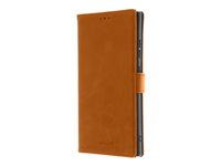 Insmat Premium - Vikbart fodral för mobiltelefon - läder, kartong+papper+aluminiumfolie, termoplastisk polyuretan (TPU), bomullssömmar - brun - för Samsung Galaxy S26 Ultra 650-3393