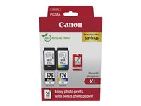 Canon PG-575XL/CL-576XL Photo Paper Value Pack - 2-pack - Lång livslängd - svart, färg (cyan, magenta, gul) - original - hängande låda - bläckpatron/papperssats - för PIXMA TR4750i, TR4751i, TS3550i, TS3551i 5437C006